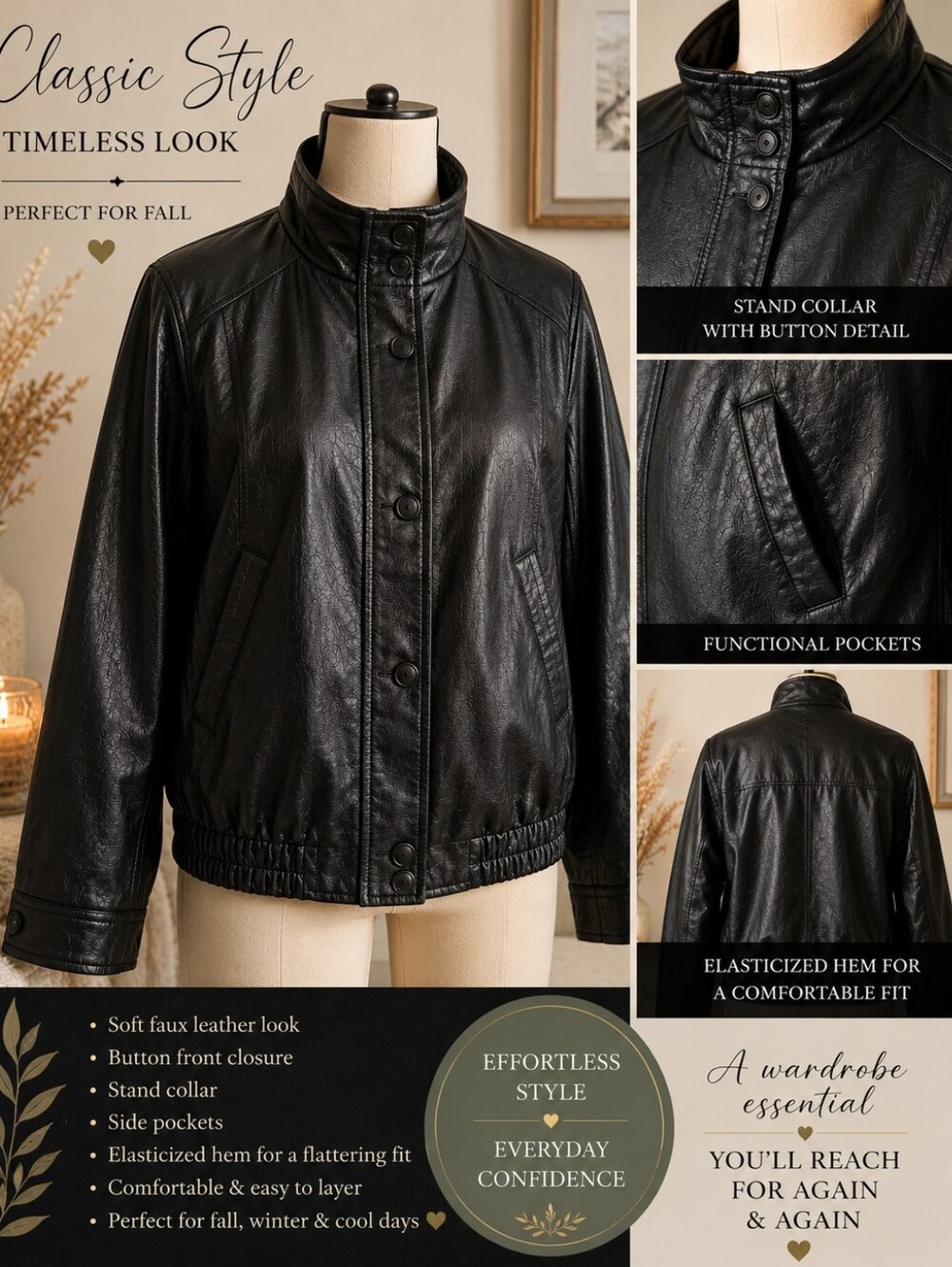Black Faux Leather Stand-Collar Jacket ( With Weight) (New)
